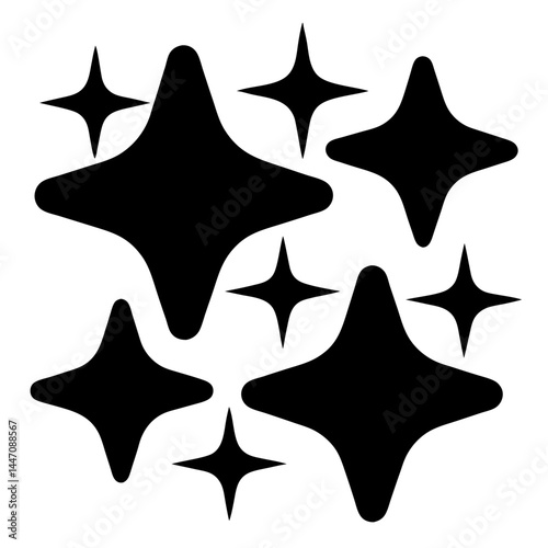 Collection of black stylized stars of various sizes and shapes, minimalist design
