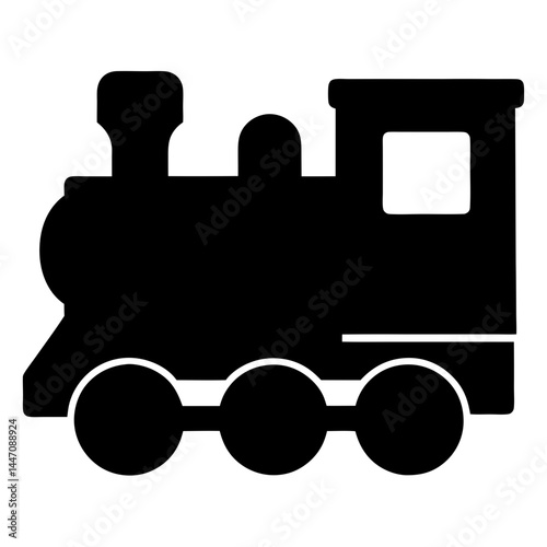 A stylized black silhouette of a vintage steam train toy icon