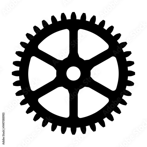 Black and white gear wheel illustration with six spokes and teeth