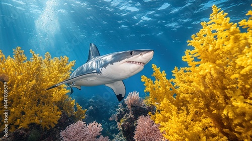 Wallpaper Mural Great white shark in coral reef (1) Torontodigital.ca
