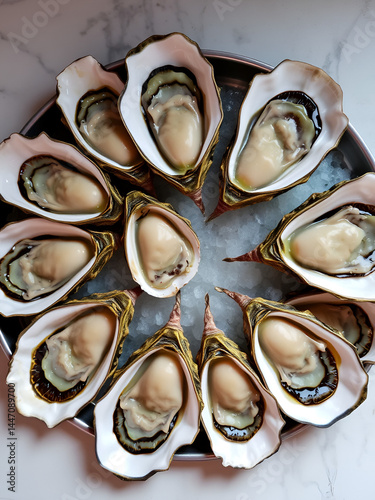 Culinary Delights: An overhead view captures a dozen freshly shucked oysters, elegantly arranged and ready to be savored.