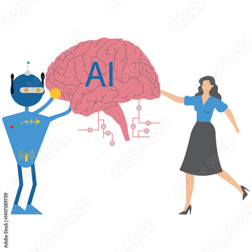 Partnership contact,Businesswoman matching cyborg idea or artificial intelligence technology futuristic, AI, with brain Machine future cooperation