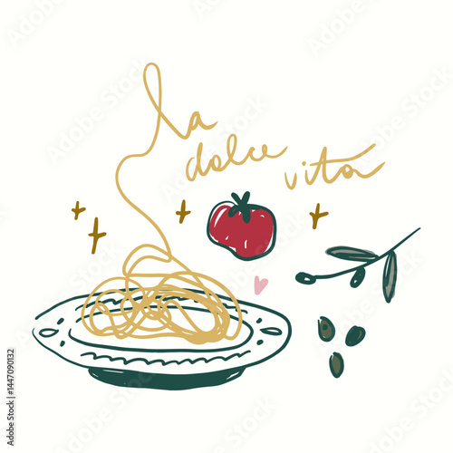 Italy mediterranean modern lettering La Dolce Vita coast doodle food, plate of pasta hand drawn vector, Italian summer cafe or restaurant vector artwork for t shirt, menu, graphic typography, hand