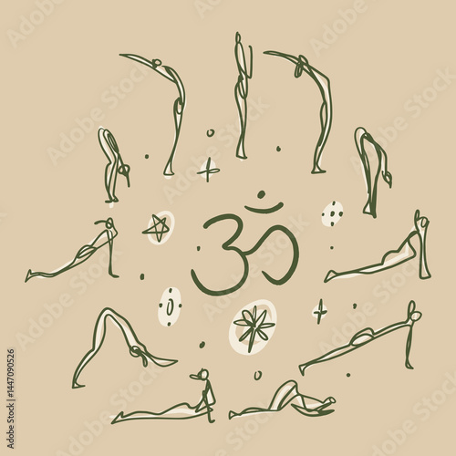 Pictogram logo of Surya Namaskar circle Sun yoga poses vector illustration, abstract figures line minimalistic poster. Om or Oum, meditation Reiki modern brush hand-drawn linear drawings handmade
