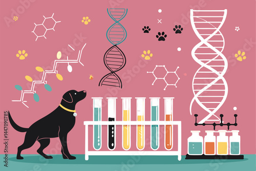 A futuristic, sterile lab showcasing advanced gene editing technology used for pet enhancement; gleaming equipment, microscopes, and genetic samples are visible.