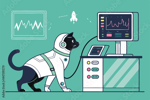 A feline subject in a high-tech sensor suit undergoes testing within a futuristic, minimalist experimental laboratory.  Monitor displays show vital data.