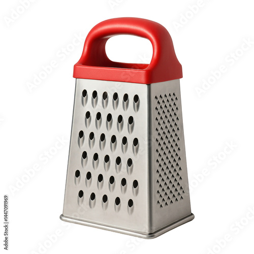 Essential kitchen grater with durable stainless steel construction, four shredding options, and a comfortable bright red handle.