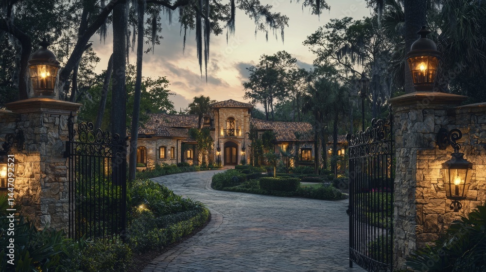 Obraz premium Elegant southern mansion illuminated by lanterns at dusk in a serene garden setting