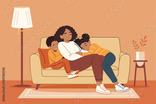 A heartwarming image of a family—parents and children—snuggling together for an afternoon nap on a living room rug.  Emphasis on coziness and familial bonding.