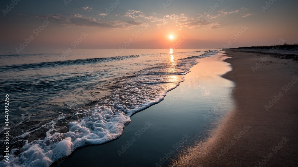 Obraz premium Peaceful shoreline serenity with the sun gently kissing the horizon with vibrant hues