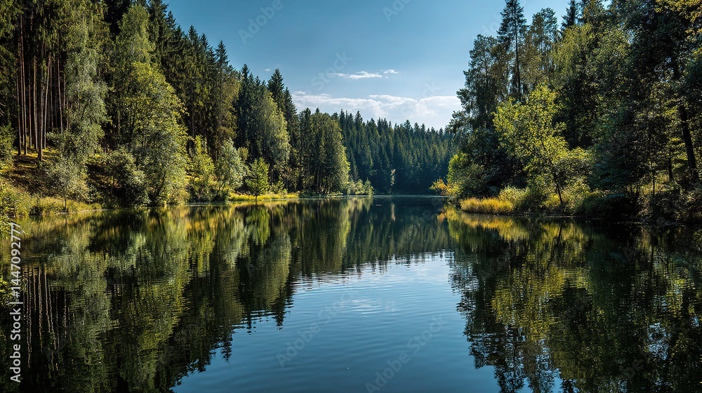 Serene Lake with Mirror Reflection of Lush Forest and Trees Serene Lake with Mirror Reflection of Lush Forest and Trees