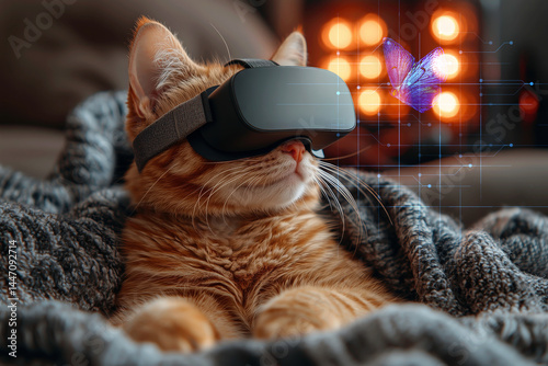 Futuristic Art of Cat Wearing VR Goggles with Digital Butterfly