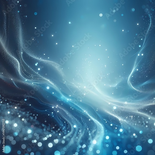 Abstract blue background with bokeh stars and wave.