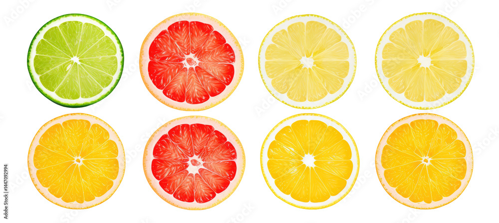 Obraz premium Citrus Fruit Wheel Slices of Grapefruit, Orange, Lemon, and Lime
