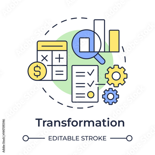 Transformation multi color concept icon. Statistical analysis. Calculation, accounting. Round shape line illustration. Abstract idea. Graphic design. Easy to use in advertising, marketing