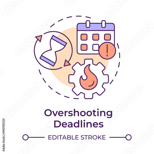Overshooting deadlines multi color concept icon. Time management, schedule. Business work, startup. Round shape line illustration. Abstract idea. Graphic design. Easy to use in advertising