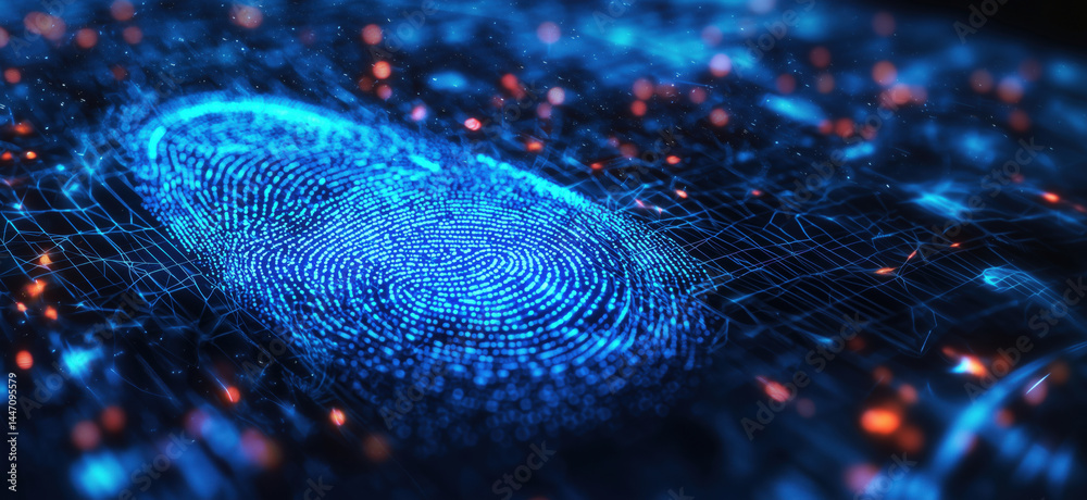 Digital fingerprint technology representation with glowing blue patterns and data connections.