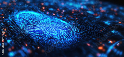 Obraz na płótnie Digital fingerprint technology representation with glowing blue patterns and data connections. w salonie