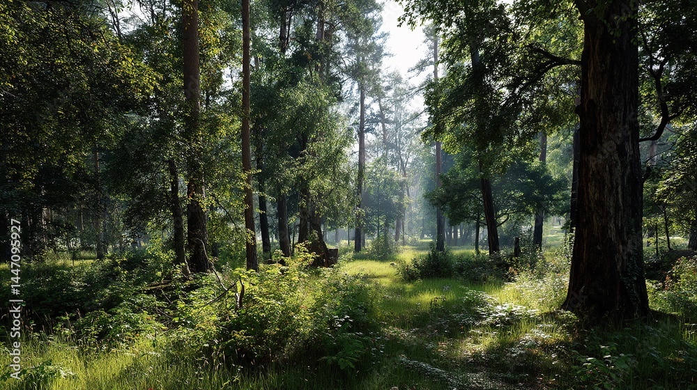 Bright Summer Light at the Edge of a Tall Forest with Greenery Bright Summer Light at the Edge of a Tall Forest with Greenery