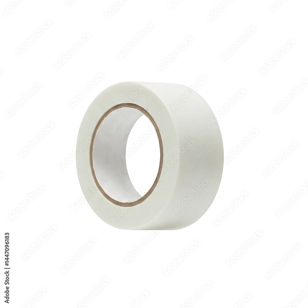 Floating white painter’s masking tape roll, front view, on a solid white background Floating white painter’s masking tape roll, front view, on a solid white background