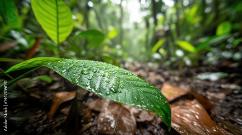 Rainforest floor detail with lush green leaves photo