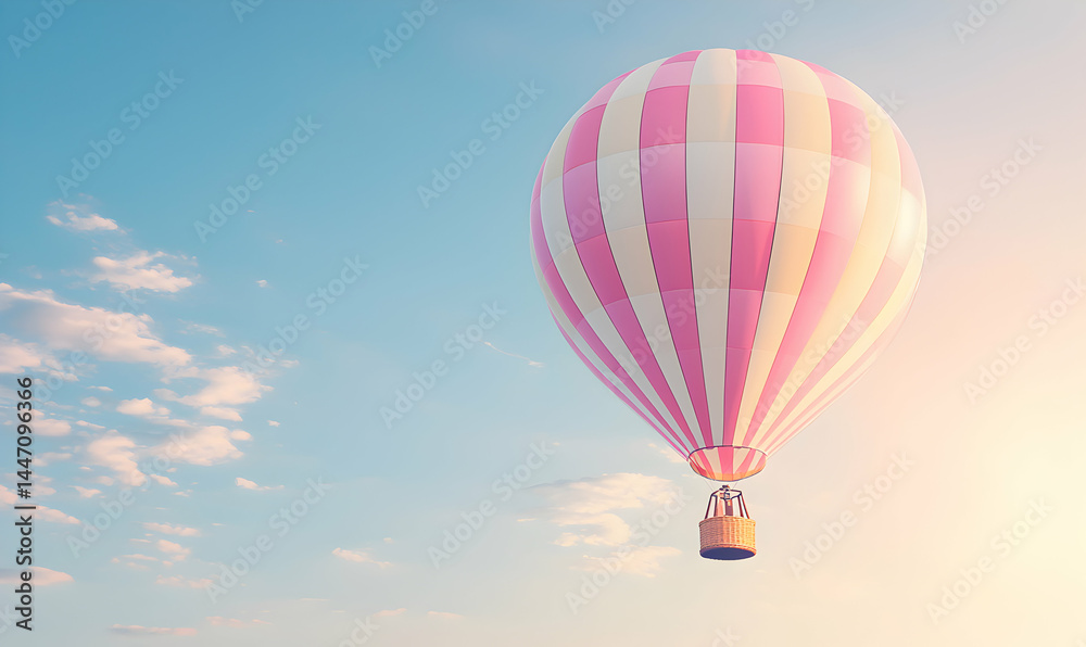 Fototapeta premium Pink and white striped hot air balloon floats gently through a blue, partly cloudy sky against a warm sunrise