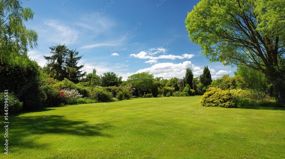 Serene View of a Vast Green Garden Under a Clear Blue Sky Serene View of a Vast Green Garden Under a Clear Blue Sky