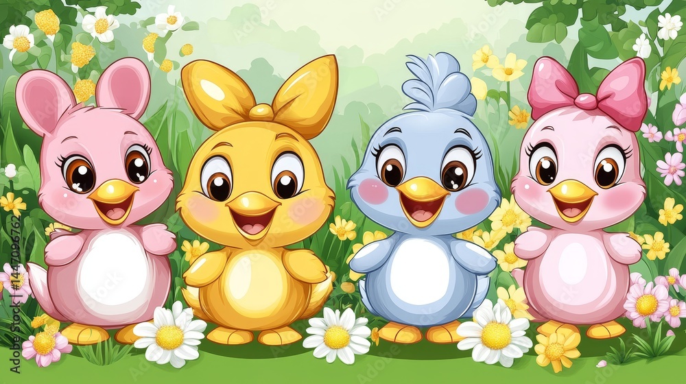 Obraz premium Enchanting springtime friends adorable cartoon bunnies and chicks amidst blooming flowers create a whimsical illustration perfect for children's decor