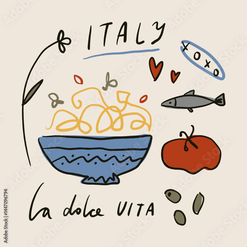 Italy mediterranean modern lettering La Dolce Vita coast doodle food, plate of pasta hand drawn vector, Italian summer cafe or restaurant vector artwork for t shirt, menu, graphic typography, hand