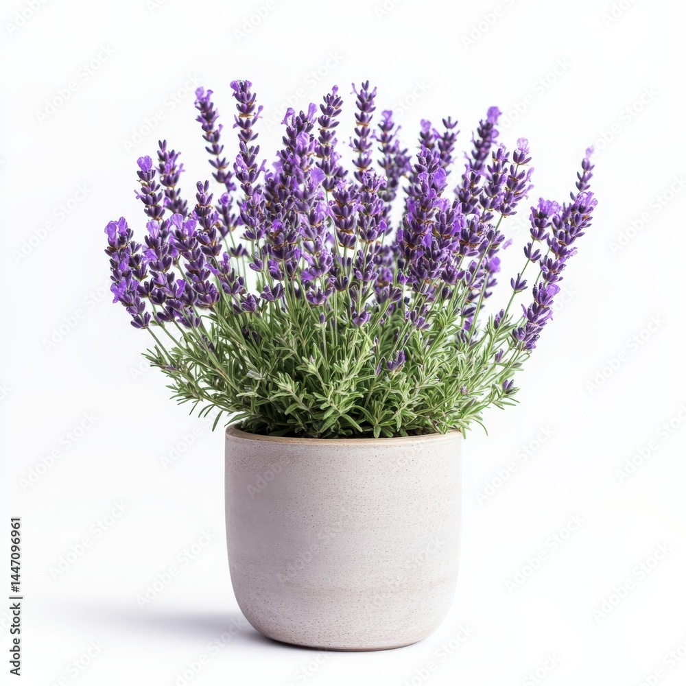 Purple Lavender Plant in Minimalistic Pot Showcasing Blooming Flowers Purple Lavender Plant in Minimalistic Pot Showcasing Blooming Flowers