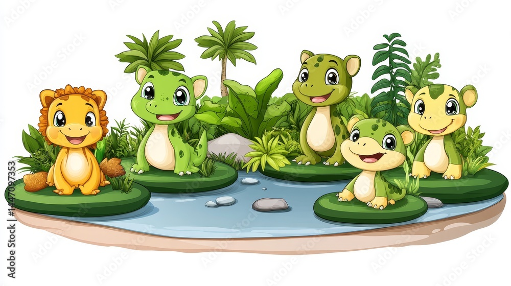 Naklejka premium Adorable Animal Companions Aquatic Adventure Fun-Loving Creature Cartoons Amidst Lush Greenery Celebrating Childhood Joy and Whimsy Together