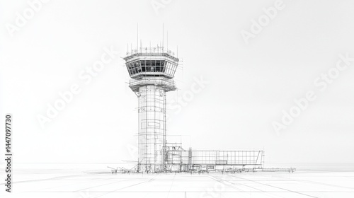 Architectural sketch of an airport control tower with a modern design and minimalist details, showcasing engineering precision and planning