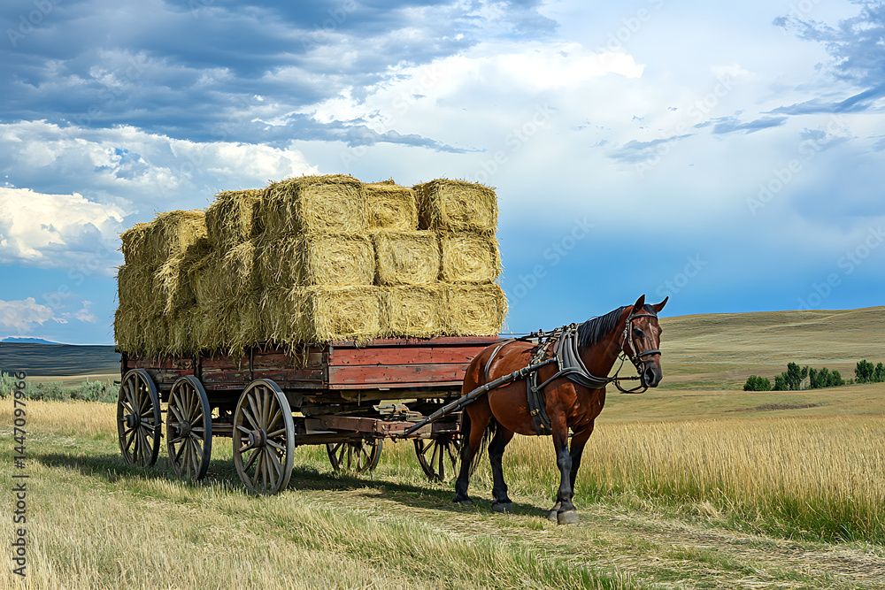 Obraz premium A horse pulling a wagon loaded with hay bales in a field under a cloudy blue sky on a sunny day