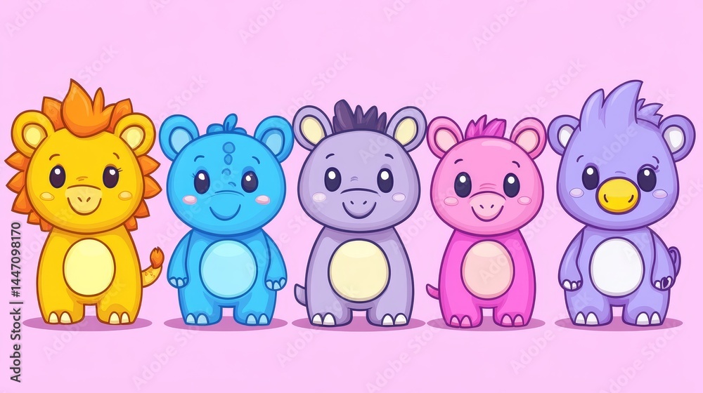 Obraz premium Adorable Pixel Art Zoo Friends Row Colorful Characters Children's Illustration Digital Artwork Whimsical Design Nursery Art Pixelated Animals Lineup