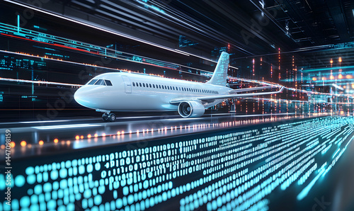 Sleek plane speeds along a digital runway, surrounded by binary code, a futuristic transport visualization