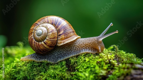 Snail crawling on moss closeup