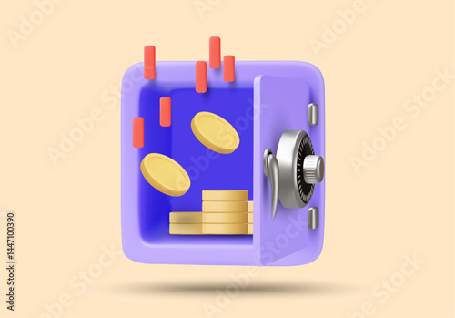 3D illustration vector render of open safe icon and coins floating inside. Concept of saving money, deposit income, wealth management, secure asset, digital finance.