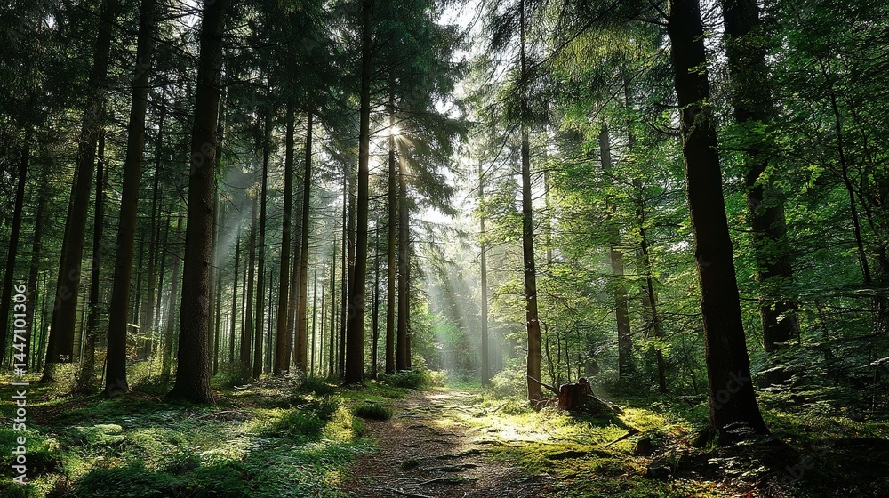 Obraz premium Sun-Drenched Forest in Summer with Tall Green Trees and Soft Light
