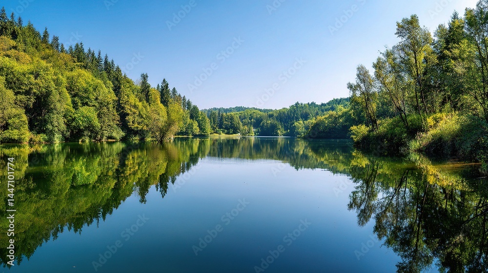 Tranquil Lake Surrounded by Lush Green Forest and Mirror Reflection Tranquil Lake Surrounded by Lush Green Forest and Mirror Reflection