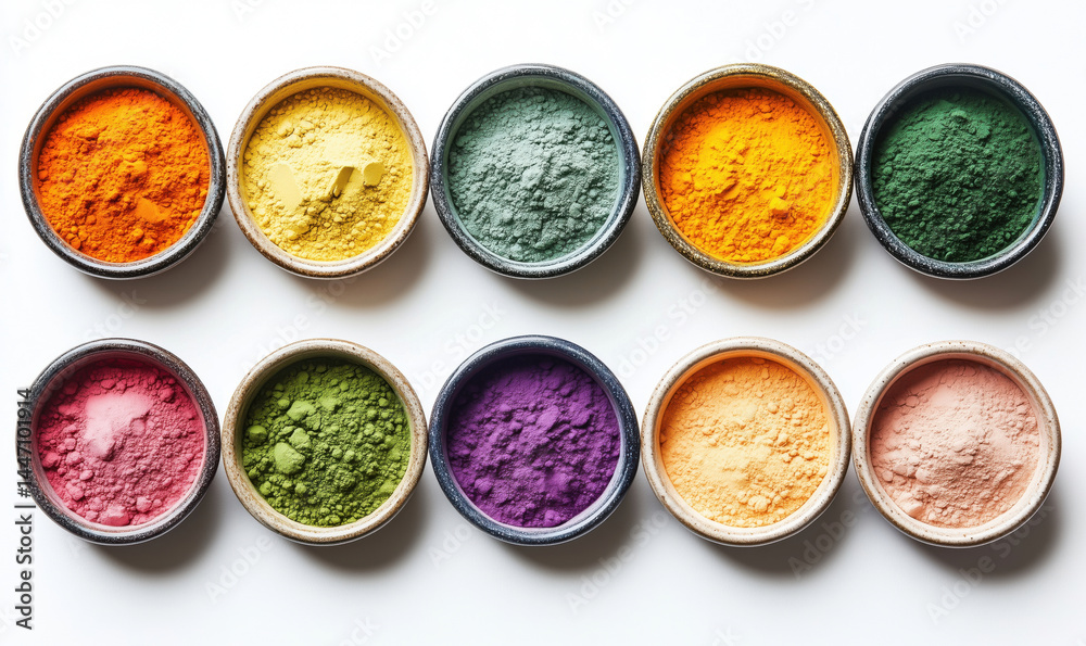 Colorful array of natural powders in bowls showcasing vibrant pigments and hues. Colorful array of natural powders in bowls showcasing vibrant pigments and hues.