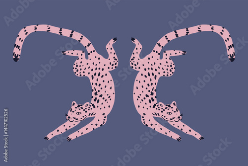 Pink groovy leopards or cheetah wild cat couple in love romantic boho illustration in abstract cartoon childish scandinavian style african oriental style, cute animal hand drawn flat vector clip-art