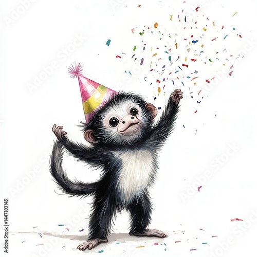 Celebrating joy with a playful monkey wearing a party hat and throwing confetti