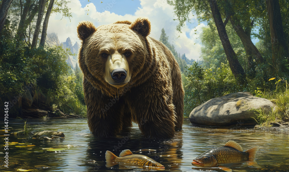 Grizzly bear standing in river catching fish in lush forest setting. Grizzly bear standing in river catching fish in lush forest setting.