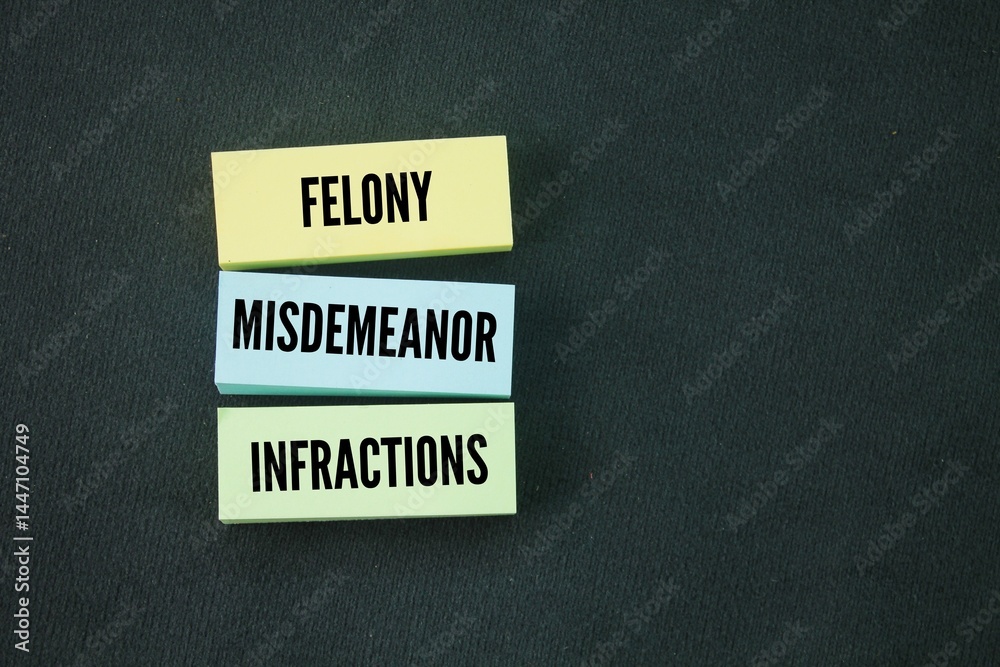 Fototapeta premium colored paper with the words felony misdemeanor infractions. A misdemeanor is a crime that is more serious than an infraction, but less serious than a felony