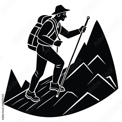 Hiking Vector Silhouette illustration Hiker with trekking poles climbing steep incline