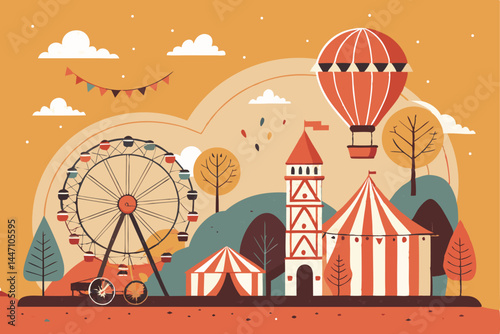 Design a vibrant flat vector poster featuring an oversized, playful funfair element, like a giant Ferris wheel or carousel, against a solid background.  Include whimsical details.