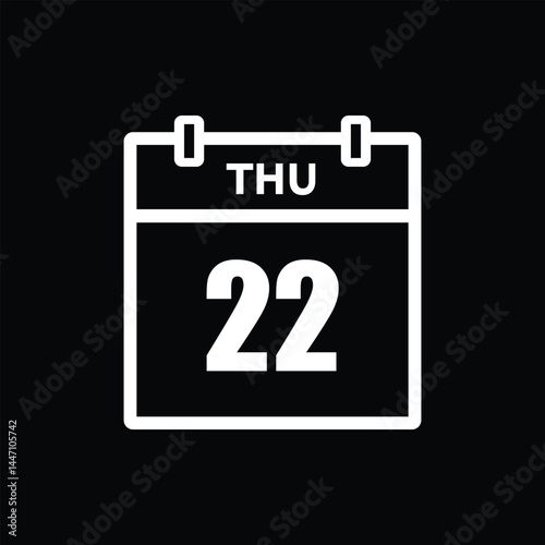calender icon, 22 thursday icon with black background	