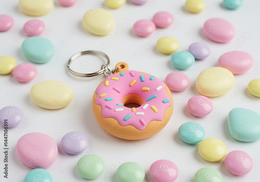Pastel perfection: Donut keychain and colorful candies arranged on white backdrop Pastel perfection: Donut keychain and colorful candies arranged on white backdrop