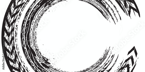Drifting monochrome background with textured wheel marks and slip and rounded wheels. Vector isolated texture. Floating background illustration