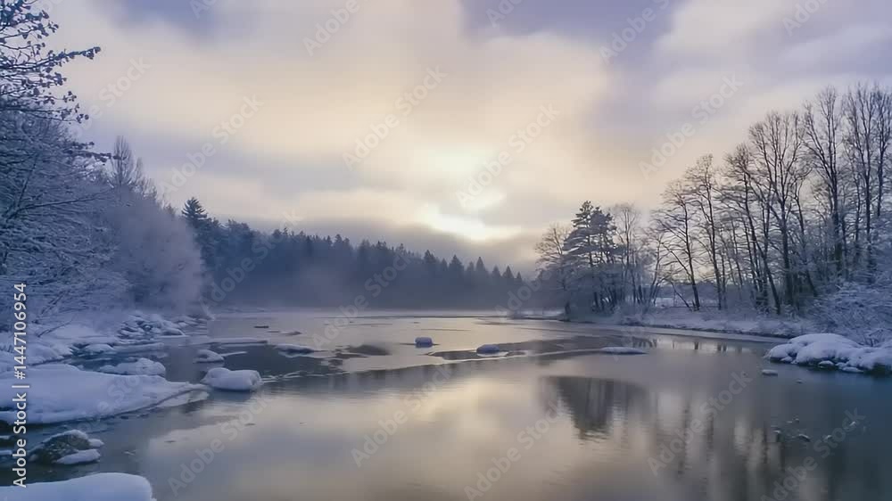Winter landscape with snow-covered river and trees. Winter landscape with snow-covered river and trees.